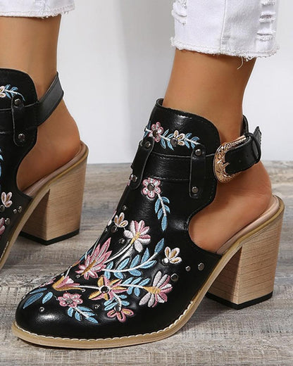 LD | Bloemen Borduurwerk Studded Slingback Gesp Hakken
