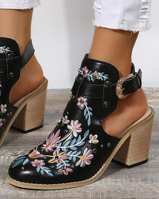LD | Bloemen Borduurwerk Studded Slingback Gesp Hakken