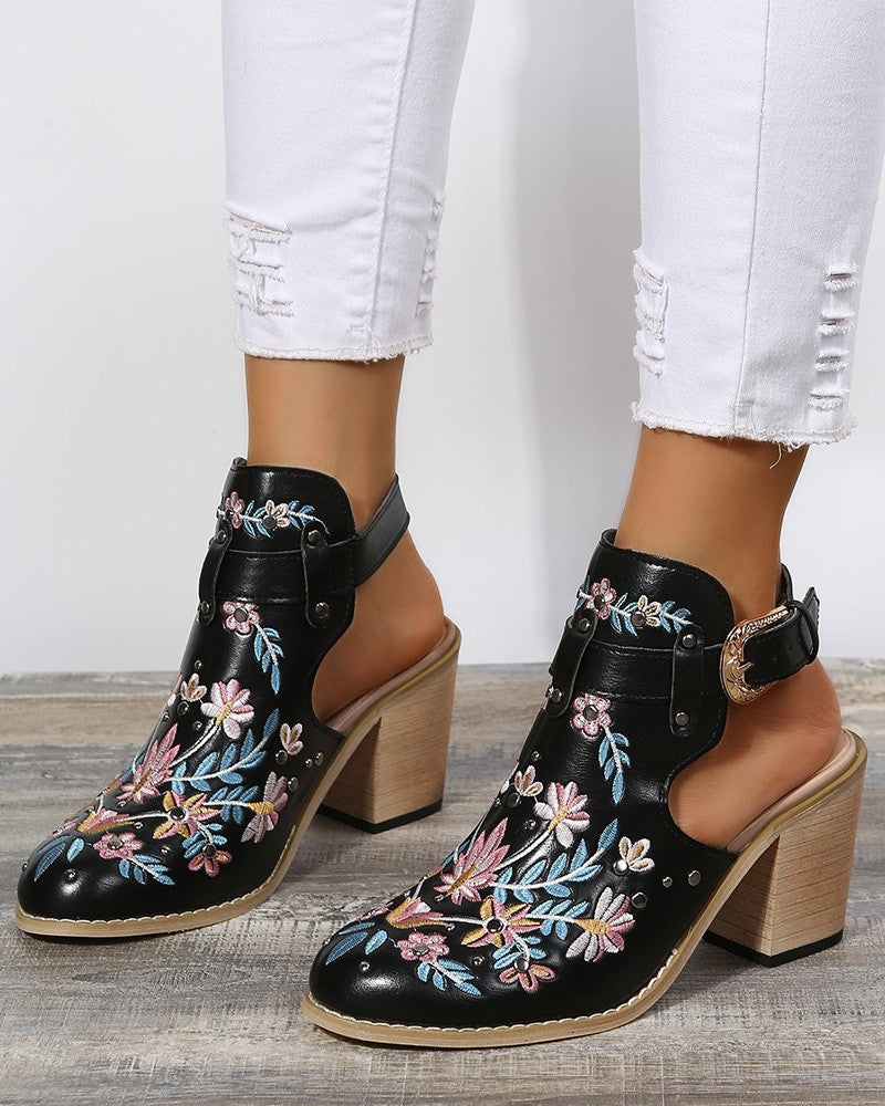 LD | Bloemen Borduurwerk Studded Slingback Gesp Hakken