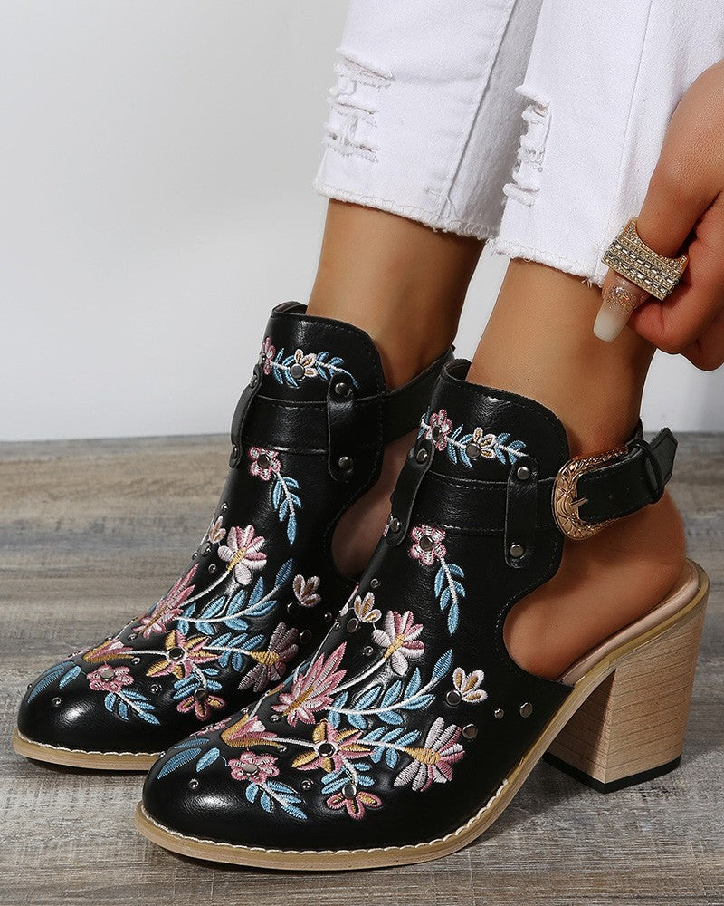 LD | Bloemen Borduurwerk Studded Slingback Gesp Hakken