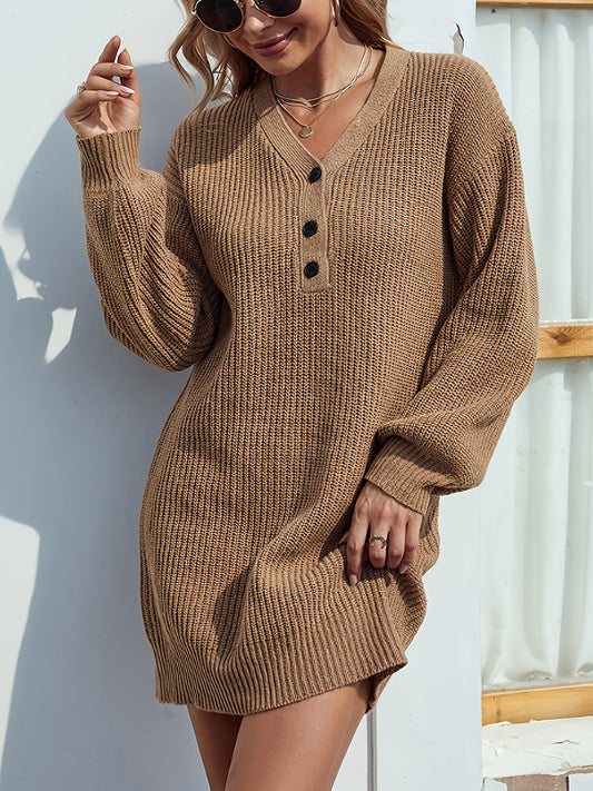 LM | Camel Caramel-colored mini sweater dress with V-neck and dropped shoulders for women