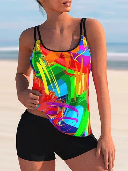 LM | Plus Size Swimwear Sleeveless Floral Printed Light Striped Tankini