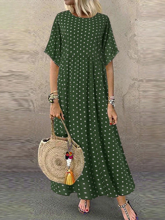 LD | Polka Dot Dames Midi Dress Bohemian Vakantie Korte Mouw O-Neck Lange Robe Vintage Los Casual A-lijn Vestidos Zomer