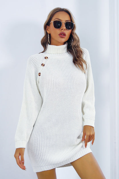 LM | Mini sweater dress with turtleneck and buttons for women