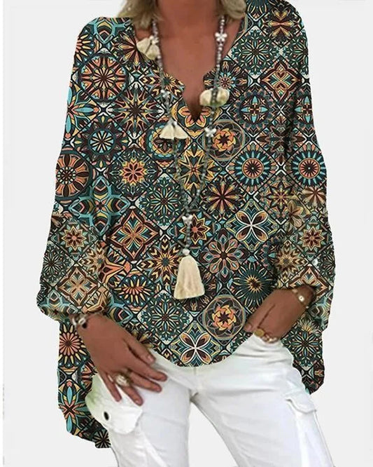 LM Geometric printed long sleeve V-neck casual blouse for women