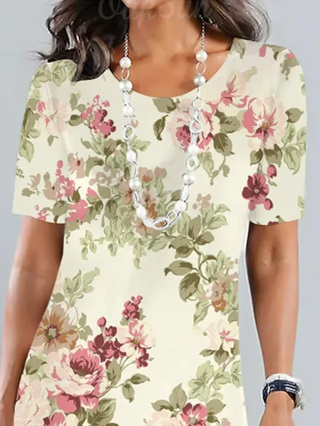 LM | Elegant loose floral midi dress for garden party with round neckline