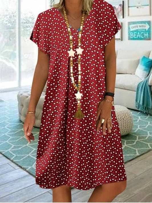 LM | 2023 Women Summer Dress Elegant Bohemian Loose V-Neck Short Sleeve Heart Printed Dresses Ladies Clothing Beach Sundress