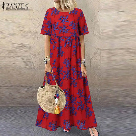 LM | 2024 ZANZEA Women Bohemian Short Sleeve Floral Printed Sundress O Neck Vacation Kaftan Vestido Baggy Dress Summer Long Dresses