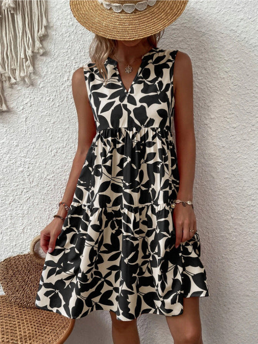 LM | Boho loose sleeveless midi dress with pointed neckline