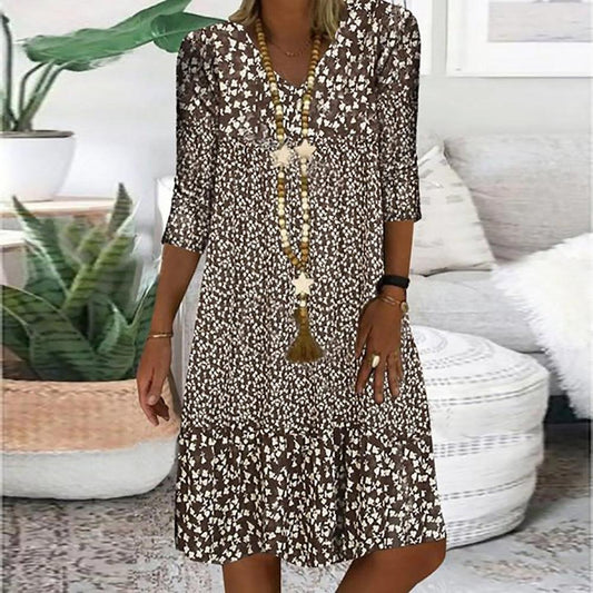 LM | Brown and white prairie mini dress with abstract print