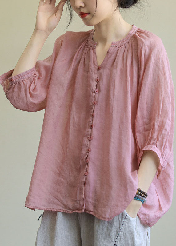 LM | Italian Pink Rose Flower V-Neck Button Loose Fall Half Sleeve Blouse Top