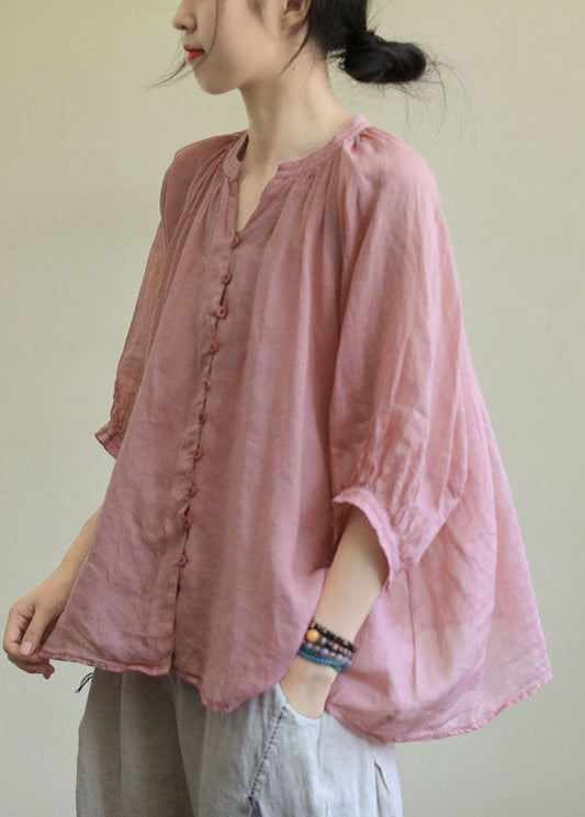 LM | Italian Pink Rose Flower V-Neck Button Loose Fall Half Sleeve Blouse Top