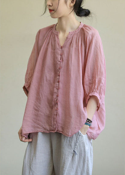 LM | Italian Pink Rose Flower V-Neck Button Loose Fall Half Sleeve Blouse Top