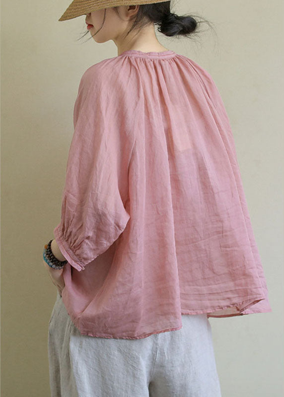 LM | Italian Pink Rose Flower V-Neck Button Loose Fall Half Sleeve Blouse Top