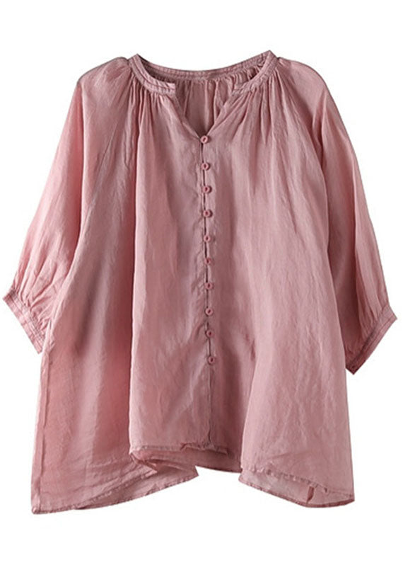 LM | Italian Pink Rose Flower V-Neck Button Loose Fall Half Sleeve Blouse Top