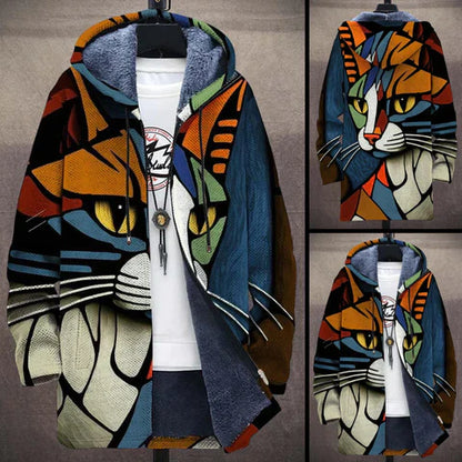 TS | Fleece-lined hooded jacket with artistic cat print