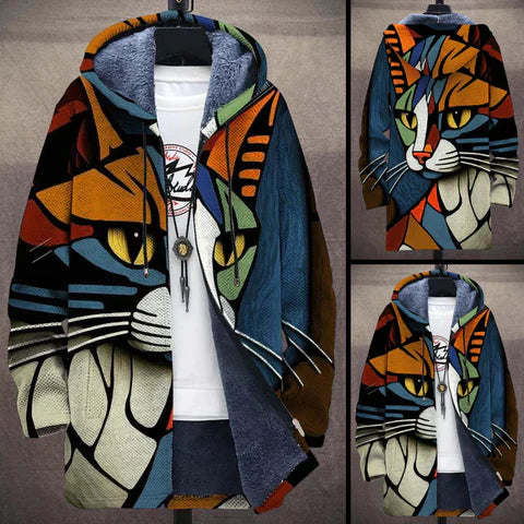 TS | Fleece-lined hooded jacket with artistic cat print