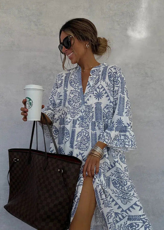 LM | Blue mini dress with V-neck and 3/4 sleeves
