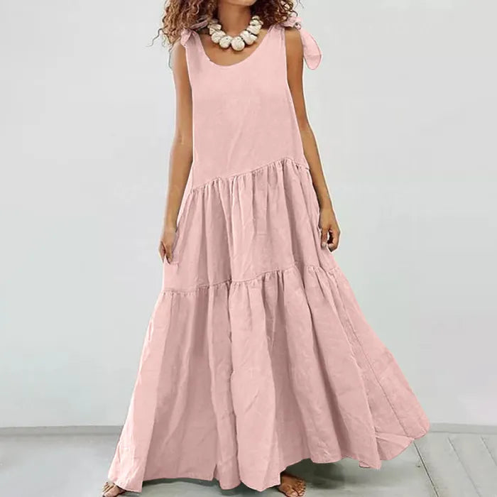 LM | casual long dress with ruffles and lace-up cardigan in solid color