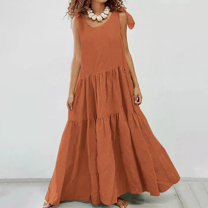 LM | casual long dress with ruffles and lace-up cardigan in solid color