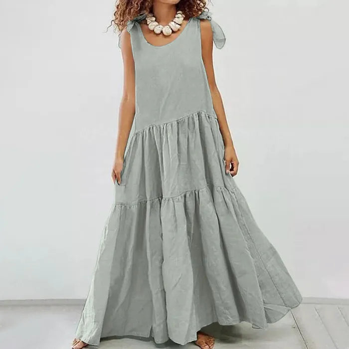 LM | casual long dress with ruffles and lace-up cardigan in solid color