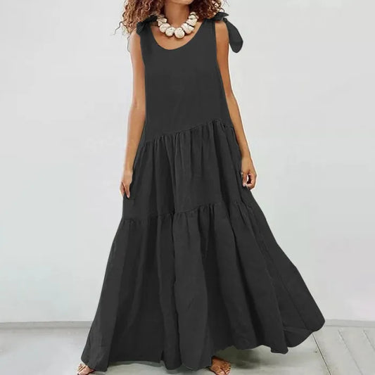 LM | casual long dress with ruffles and lace-up cardigan in solid color