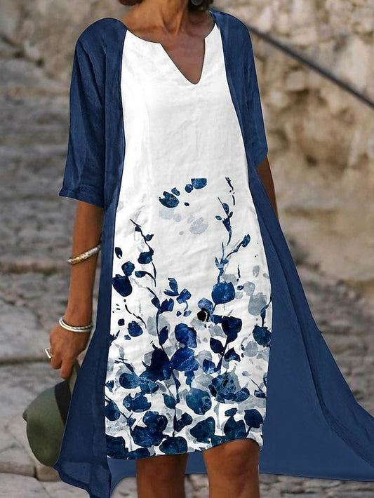 LM | Two-piece midi dress with blue floral print and elegant half sleeves