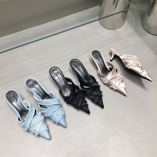 LD | Vrouwen Pointed Toe Denim Schoenen Elegante Mid Heel Schoenen
