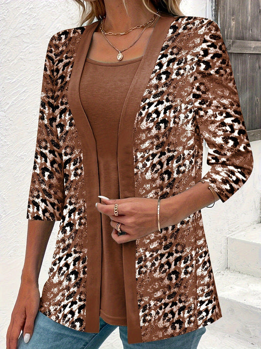 LM Two-piece set, plain top and cardigan with leopard print