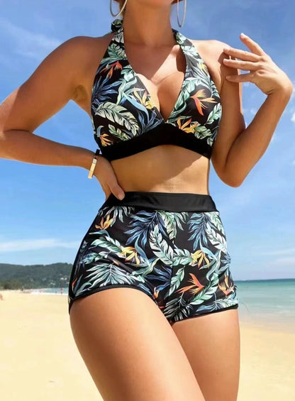 LM women's fashion leaf print straps split bikini swimwear
