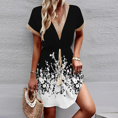 LM | 2024 New European and American spring/summer dress with printed batwing sleeves, lace, V-neck, waist, short sleeves, medium length