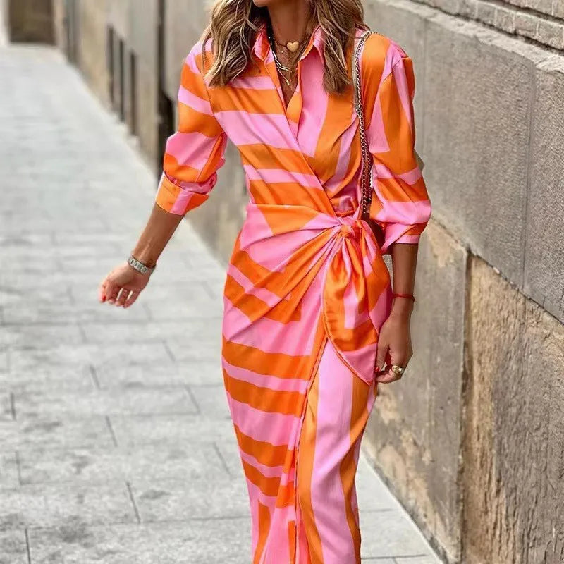 LM | 2024 AliExpress European and American cross-border new fashion printed shirt collar lace-up midi striped dress