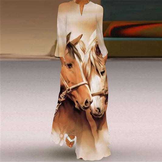 LM | 2024 European and American Cross Border Women New Dress V-Neck Long Sleeve Sexy Printed Large Pocket Foreign Trade Dress