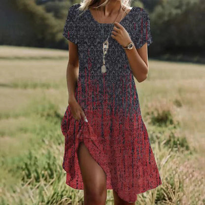 LM | Summer Bohemian Dresses for Women V-Neck Short Sleeve Flower Printed Beach Vacation Dress Women Maxi Dresses Boho