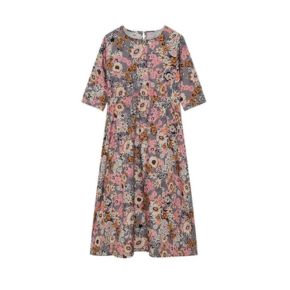LM | 2024 Borderline Spring and Summer Printed Round Neck Covered Head Mid Sleeves Loose Casual Bag in a Long Dress
