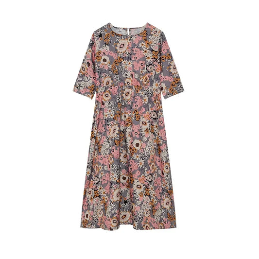 LM | 2024 Borderline Spring and Summer Printed Round Neck Covered Head Mid Sleeves Loose Casual Bag in a Long Dress