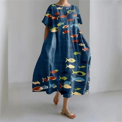 LD | Plus-Size Loose Fit Zomerjurk met Zak & O-Hals Elegante Zomer Maxi Dress