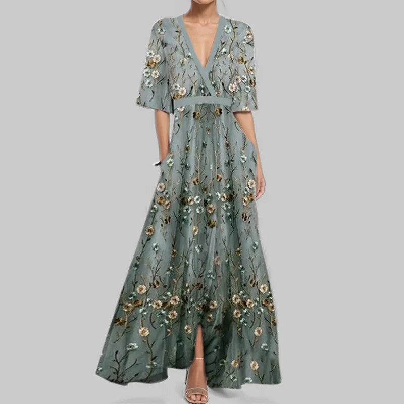 LM | Spring Summer Women Fashion V Neck Belted Party Long Dress Sexy Print Boho Maxi Dresses Short Sleeve Bag Femlae Vacation