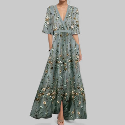 LM | Spring Summer Women Fashion V Neck Belted Party Long Dress Sexy Print Boho Maxi Dresses Short Sleeve Bag Femlae Vacation