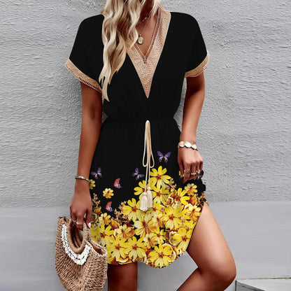 LM | 2024 New European and American spring/summer dress with printed batwing sleeves, lace, V-neck, waist, short sleeves, medium length