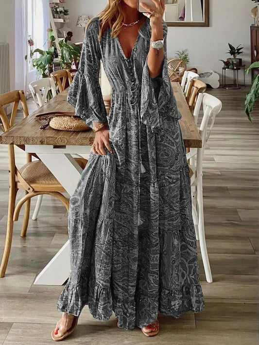 LM | 2023Cross border bohemian style flared sleeves printed v-neck high waisted vacation dress with floral floral dress for women