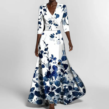 LM | Spring Summer Women Fashion V Neck Belted Party Long Dress Sexy Print Boho Maxi Dresses Short Sleeve Bag Femlae Vacation