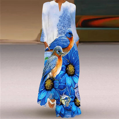 LM | 2024 European and American Cross Border Women New Dress V-Neck Long Sleeve Sexy Printed Large Pocket Foreign Trade Dress