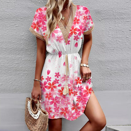 LM | 2024 New European and American spring/summer dress with printed batwing sleeves, lace, V-neck, waist, short sleeves, medium length