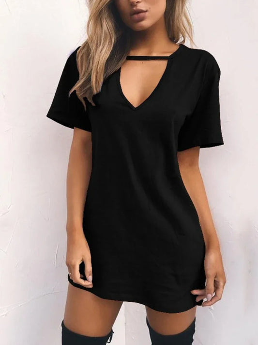 LM | Sexy Elegant Dress Wrap Deep V Neck Cut Out Loose Dress Women Solid Color Short Sleeve Mini Dress Club Party Vestidos