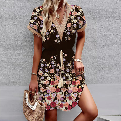 LM | 2024 New European and American spring/summer dress with printed batwing sleeves, lace, V-neck, waist, short sleeves, medium length