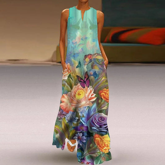 LM | 2025 Summer New Vintage Flower Printed Long Dresses Women Fashion V-Neck Loose Sleeveless Dress Casual Commuting Vestidos Female