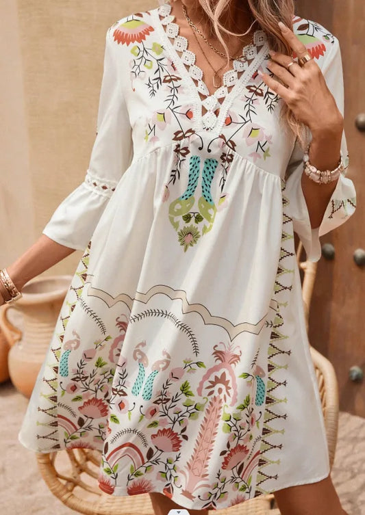 LM | 2025 Ladies Dress Summer Vacation V-Neck Long Sleeve Floral Print Beach Party Dresses Sexy Mini Clothes For Women Vestidos