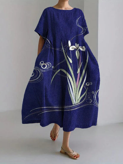 LM | 2024 New Women Round Neck Long Casual Dress Summer Large Size Fresh Fish Print Dress Street Vacation Short Sleeve Dress