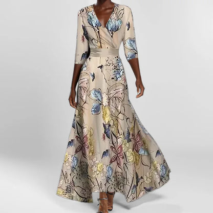 LM | Spring Summer Women Fashion V Neck Belted Party Long Dress Sexy Print Boho Maxi Dresses Short Sleeve Bag Femlae Vacation